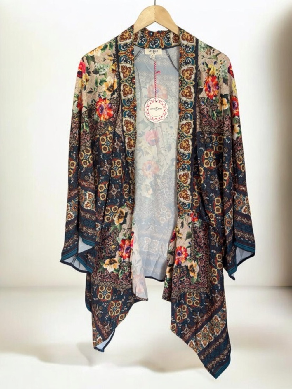 Umgee Multicolor Bohemian Print Open Kimono with Navy Accents